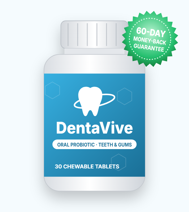 DentaVive oral probiotic chewable tablets bottle with 60-day money-back guarantee